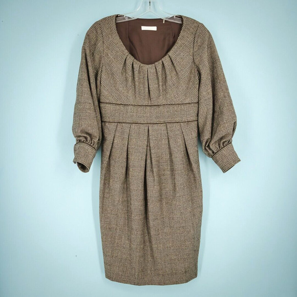 Badgley Mischka Size XS Brown Plaid Tweed Crew Neck 3/4 Sleeve Wool Dress - Picture 1 of 6